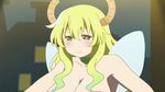  1girl animated animated_gif aqua_hair bouncing_breasts breasts cleavage dragon_girl horns huge_breasts kobayashi-san_chi_no_maidragon long_hair quetzalcoatl_(maidragon) solo talking wings 