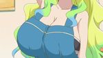  1girl animated animated_gif aqua_hair bounce bouncing_breasts breasts cleavage huge_breasts kobayashi-san_chi_no_maidragon long_hair overalls quetzalcoatl_(maidragon) 