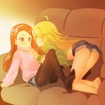  ahoge arm_support bangs black_legwear blonde_hair blush brown_eyes brown_hair couch deadnooodles denim denim_shorts green_eyes hairband hand_on_another's_chest hoshii_miki idolmaster idolmaster_(classic) long_hair looking_at_another messy_hair minase_iori multiple_girls pantyhose pink_sweater shorts sitting sweater swept_bangs thighs wavy_mouth yuri 