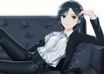  antenna_hair bad_id bad_pixiv_id black_eyes black_hair couch dress_shirt formal hachiware hand_in_hair idolmaster idolmaster_(classic) idolmaster_2 kikuchi_makoto long_sleeves looking_at_viewer off_shoulder parted_lips reverse_trap shirt short_hair simple_background sitting solo suit white_background 
