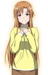  asuna_(sao) bangs blush breast_squeeze breasts brown_eyes brown_hair brown_skirt fingernails fingers_together hand_on_own_chest hands hips long_hair long_sleeves looking_at_viewer nose parted_bangs puge skirt smile solo sweater sword_art_online turtleneck turtleneck_sweater 