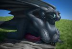  2019 animal_genitalia bedroom_eyes big_penis digital_media_(artwork) dragon dreamworks erection excessive_precum feral grass half-closed_eyes how_to_train_your_dragon knot looking_at_viewer lying male night_fury on_front penis pose precum prestomajesto rock scales scalie seductive sky smile solo thick_penis wings zephyr_(prestomajesto) 