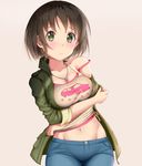  banned_artist black_hair blush breasts commentary_request crossed_arms fay_(fay_axl) green_eyes green_jacket groin harada_miyo idolmaster idolmaster_cinderella_girls jacket jewelry large_breasts long_sleeves looking_at_viewer navel necklace open_clothes shirt short_hair sleeves_pushed_up solo 