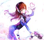  2017 animal_print ass bad_id bad_pixiv_id bangs blue_bodysuit bodysuit boots bracer breasts brown_eyes brown_hair bubble_blowing bunny_print charm_(object) chewing_gum copyright cowboy_shot d.va_(overwatch) dated emblem facepaint facial_mark flower from_side gloves gun hair_between_eyes hand_up handgun headphones heart high_collar highres holding holding_gun holding_weapon knee_pads legs_apart logo long_hair long_sleeves looking_at_viewer medium_breasts overwatch pauldrons petals pilot_suit ribbed_bodysuit shoulder_pads skin_tight solo standing swept_bangs thigh_boots thigh_strap thighhighs trigger_discipline ttaji_(pass35) w water water_drop weapon whisker_markings white_footwear white_gloves 