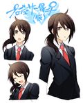  :d ahoge androgynous brown_hair character_sheet eyebrows_visible_through_hair idolmaster idolmaster_side-m laughing long_hair md5_mismatch multiple_views necktie open_mouth ponytail producer_(idolmaster) producer_(idolmaster_side-m) red_neckwear shiron_(shiro_n) sidelocks smile suit_jacket surprised sweatdrop upper_body 
