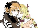  blonde_hair blush cheek_kiss cross eyepatch kiss kuya_(hey36253625) long_hair mahou_shoujo_ikusei_keikaku mahou_shoujo_ikusei_keikaku_restart multiple_girls pfle shadowgale short_hair smile yuri 