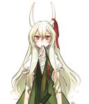  blush dress eating ex-keine green_dress green_hair highres horn_ribbon horns kamishirasawa_keine long_hair mouth_hold multicolored_hair neckerchief red_eyes red_neckwear red_ribbon ribbon scroll shan short_sleeves signature simple_background solo too_literal touhou two-tone_hair white_background 