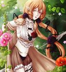  blonde_hair breasts cleavage elf flower harpoon leaf long_hair mahou_shoujo_ikusei_keikaku mahou_shoujo_ikusei_keikaku_restart medium_breasts melville nature navel pointy_ears qinuu rose solo tree weapon yellow_eyes 