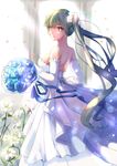  back bare_shoulders bouquet breasts dress elbow_gloves flower from_side gloves green_hair hatsune_miku highres long_hair looking_back medium_breasts mou_zhi_pingguo petals solo very_long_hair vocaloid wedding_dress white_gloves yellow_eyes 