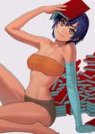  bakemonogatari bandages bandeau black_hair book brown_eyes gumroad_reward holding holding_book kanbaru_suruga lasterk light_smile monogatari_(series) paid_reward short_hair short_shorts shorts sitting solo strapless 