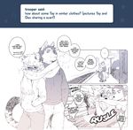  anthro ask_blog blush canine clothed clothing dexter_(powfooo) dialogue duo embarrassed feline invalid_tag male mammal navel powfooo scarf tay tiger wolf 