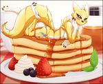  2017 anthro black_sclera blue_eyes blue_markings blush breasts butt canine claws cup digimon fan_character female food food_play fox fruit fur incredibleediblecalico leaf legs_up lying mammal markings messy nude on_front pancake plate renamon side_boob smile solo strawberry toe_claws tuft whipped_cream white_fur yellow_fur 