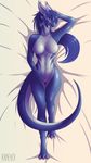  2017 anthro blue_eyes blue_hair blue_scales blush despina dragon english_text female hair hi_res horn kanevex long_hair lying nephy nipples nude on_back pink_nipples pussy scales scalie signature smile solo text white_horn 
