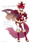 animal_ears artist_name bike_shorts boots brown_cape cape character_name copyright_name cure_chocolat dog_ears dog_tail earrings extra_ears full_body gloves hand_on_hip hat highres jewelry kenjou_akira kirakira_precure_a_la_mode kiritani846 looking_at_viewer magical_girl outstretched_arm precure red_eyes red_hair short_hair simple_background skirt solo standing tail thighhighs white_background white_gloves white_legwear 