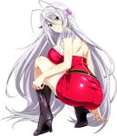  antenna_hair black_footwear blue_eyes boots breasts dress epaulettes full_body hair_between_eyes hair_ribbon high_heel_boots high_heels high_school_dxd highres large_breasts long_hair looking_at_viewer looking_back pink_ribbon putting_on_boots putting_on_shoes red_dress ribbon rossweisse shiny shiny_clothes shiny_skin short_dress sideboob silver_hair sleeveless sleeveless_dress solo squatting strapless strapless_dress transparent_background very_long_hair 