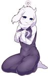  2017 anthro barefoot blue_eyes blush boss_monster breasts caprine clothed clothing cute female fur goat hair horn kneeling looking_at_viewer mammal robe simple_background solo toriel undertale video_games white_background white_fur white_hair white_horn whity_naruga 