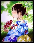  1girl absurdres black_border black_eyes blue_kimono blush border branch brown_hair dappled_sunlight dated day fan from_behind highres holding holding_fan japanese_clothes kimono leaf long_sleeves looking_to_the_side mole mole_on_cheek nape obi original ouchi_kaeru outdoors paper_fan parted_lips ponytail profile sash signature solo sunlight traditional_media uchiwa uchiwa_design upper_body yukata 