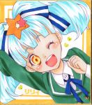  1girl absurdres ayanagi_honpo blue_hair bow commentary_request green_hair hair_bow hair_ornament hair_ribbon highres hoshikawa_lily long_hair marker_(medium) open_mouth ribbon shikishi solo star star_hair_ornament traditional_media twintails zombie_land_saga 