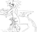  2girls camel_(dansen) female giantess lamia minarai_(milia_wars) monochrome monster_girl multiple_girls restrained size_difference stuck sword tentacle_hair tongue_out weapon 