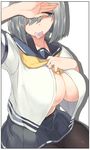  arm_up black_border black_legwear blue_eyes border breasts brown_legwear collarbone condom condom_in_mouth covering_one_eye hair_ornament hair_over_one_eye hairclip hamakaze_(kantai_collection) hand_on_own_chest hand_up highres jewelry kantai_collection kei_(soundcross) large_breasts looking_at_viewer mouth_hold neckerchief open_clothes open_shirt pantyhose pleated_skirt ring sailor_collar school_uniform serafuku shading_eyes shirt short_hair short_sleeves silver_hair simple_background skirt solo sweatdrop upper_body wedding_band white_background white_shirt yellow_neckwear 
