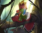  anthro bird_wyvern breasts capcom feathers female forest fur great_maccao hair inktiger looking_at_viewer monster_hunter nipples nude scalie sitting solo tree video_games 