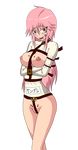  1girl belt blood bondage bound breasts gasai_yuno long_hair looking_at_viewer mirai_nikki nipples pink_eyes pink_hair smile straitjacket yandere 