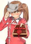  adjusting_clothes adjusting_hat blush box brown_eyes brown_hair frown gift gift_box gradient gradient_background hat hat_over_one_eye highres incoming_gift japanese_clothes kantai_collection kariginu magatama ryouya ryuujou_(kantai_collection) solo twintails upper_body visor_cap 