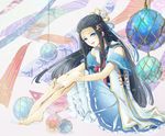  1girl bare_shoulders barefoot black_hair blue_eyes frills hair_ornament hayakawa-dono japanese_clothes long_hair open_mouth sengoku_musou skirt 