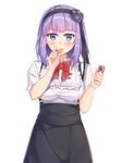  black_skirt blue_eyes breasts candy dagashi_kashi eating flower food hair_flower hair_ornament hairband highres large_breasts purple_hair ryouya shidare_hotaru skirt solo suspenders 