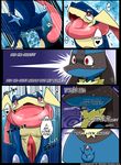  anthro bush colored comic duo edit english_text forest fur greninja hi_res kivwolf lucario male nintendo outside penis pok&eacute;mon red_eyes redoxx teeth text tree video_games 