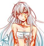  bare_shoulders bow breasts cleavage fire fujiwara_no_mokou hair_bow long_hair looking_to_the_side midriff navel red_eyes sarashi silver_hair simple_background sketch small_breasts solo souta_(karasu_no_ouchi) touhou upper_body white_background 