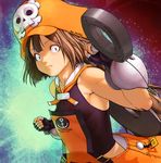  anchor breasts brown_eyes brown_hair clenched_hand commentary_request constricted_pupils fingerless_gloves gloves guilty_gear hat honyata incoming_punch long_hair looking_at_viewer may_(guilty_gear) orange_hat over_shoulder pirate_hat sailor_collar skull_and_crossbones small_breasts solo weapon weapon_over_shoulder 