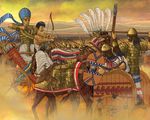  ancient_egypt animal armor arrow battle black_hair blood bow_(weapon) chariot hat helmet hittite_empire horse legionarius multiple_boys quiver ramesses_ii sand shield spear war weapon 