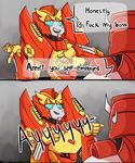  &lt;3 alien autobot blue_eyes comic cybertronian dialogue digital_media_(artwork) english_text humanoid humor living_machine machine male not_furry open_mouth ratchet_(transformer) robot rodimus simple_background smile standing sweat tailgatescutebooty teeth text transformers 