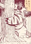  black_nose claws dialogue digimon forest fur gabumon grass hatake horn japanese japanese_text leaf looking_at_viewer monochrome sharp_teeth slightly_chubby snout solo teeth text translation_request tree 