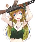  absurdres ak-47 arms_up assault_rifle bangs blonde_hair blue_eyes blush breasts camisole collarbone commentary_request crop_top elf eyebrows_visible_through_hair gun highres holding holding_gun holding_weapon long_hair looking_up medium_breasts midriff military navel oota_youjo original pointy_ears rifle simple_background smile solo tareme teeth trigger_discipline upper_body weapon white_background 