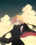  black_scarf blonde_hair breasts camisole cloud cloudy_sky day detached_sleeves fhang hair_between_eyes highres looking_at_viewer original outdoors parted_lips red_eyes scarf sky small_breasts smile solo teeth upper_body 
