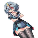  ;d bangs blush bob_cut borokuro breast_hold breasts bridal_gauntlets bright_pupils cleavage collarbone dress dutch_angle eyeball eyebrows_visible_through_hair finger_to_mouth gen_4_pokemon grey grey_hair grey_hairband grey_legwear hairband highres looking_at_viewer magnezone medium_breasts one_eye_closed open_mouth pokemon pokemon_(creature) pokemon_(game) pokemon_dppt puffy_short_sleeves puffy_sleeves red_eyes shiny shiny_skin short_dress short_hair short_sleeves simple_background smile solo standing tareme taut_clothes taut_dress thighhighs white_background wristband zettai_ryouiki 