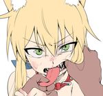  1girl angry animal_ears bangs bound bound_wrists bruise close-up commentary_request dark_skin dark_skinned_male eyebrows_visible_through_hair fangs finger_in_another's_mouth finger_in_mouth fox_ears fox_girl injury looking_at_viewer nude open_mouth original out_of_frame pov scowl scrape sharp_teeth sidelocks simple_background solo_focus sweatdrop tamakagura_inari tears teeth tongue tongue_grab white_background work_in_progress yagi_(ningen) 
