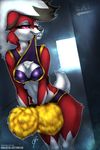  2017 anthro ballistic-cottontail bedroom_eyes big_breasts black_fur black_hair breasts canine cheerleader cleavage clothed clothing english_text female fur hair half-closed_eyes hi_res inside long_hair looking_at_viewer lycanroc mammal midnight_lycanroc nintendo nipple_bulge pink_eyes pink_sclera pok&eacute;mon pok&eacute;morph pom_poms red_fur seductive sharp_teeth signature slit_pupils smile solo teeth text tuft video_games white_fur white_hair 