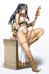  black_hair boots breasts c-string egyptian egyptian_clothes egyptian_mythology gold hair_tubes heterochromia highres horus_(houtengeki) houtengeki jewelry knee_up large_breasts leaning_on_object long_hair multicolored multicolored_eyes original quad_tails red_eyes sidelocks solo staff standing yellow_eyes 