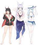  :d animal_ears arm_up bangs bare_legs barefoot bikini bikini_skirt black_hair black_ribbon blue_bikini blue_eyes blue_hair blunt_bangs blush breasts cleavage crossed_legs eyebrows_visible_through_hair fang fox_ears frilled_bikini frills front-tie_bikini front-tie_top full_body hair_ribbon halter_top halterneck hand_up hat highres hips holding hood hood_down hoodie horns ibarakidouji_hoozuki large_breasts lavender_hair legs light_smile long_hair looking_at_viewer medium_breasts multicolored_hair multiple_girls navel o-ring o-ring_top off_shoulder oni_horns open_clothes open_hoodie open_mouth orange_eyes original pale_skin pink_bikini pointy_ears purple_eyes red_hair ribbon sarong see-through sidelocks simple_background small_breasts smile standing stick sun_hat swimsuit swimsuit_under_clothes tamamo_(yagi) two-tone_hair very_long_hair white_background white_bikini white_hat yagi_(ningen) yukimi_(yagi) 