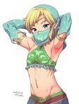  adonis_belt arabian_clothes armlet armpits arms_up bangs blonde_hair blue_eyes blush circlet closed_mouth collarbone commentary_request covered_nipples dated detached_sleeves earrings emerald frills gem gerudo_link gold_trim halterneck jewelry kanya_pyi link long_sleeves looking_at_viewer male_focus napkin navel otoko_no_ko pointy_ears see-through sidelocks simple_background smile stomach swept_bangs the_legend_of_zelda the_legend_of_zelda:_breath_of_the_wild thick_eyebrows toned toned_male upper_body veil white_background 