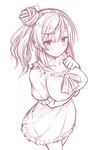  bangs blush breasts closed_mouth collarbone cowboy_shot dress eyebrows_visible_through_hair frilled_dress frills hair_bun hand_on_own_chest large_breasts light_smile long_hair looking_at_viewer monochrome original short_sleeves simple_background sketch smile solo wavy_hair yagi_(ningen) 
