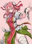  bandaged_arm bandaged_leg bandages bun_cover chain chinese_clothes clenched_hand cowboy_shot cuffs double_bun eyebrows_visible_through_hair fighting_stance flower grin hair_between_eyes hand_up highres ibaraki_kasen long_hair looking_at_viewer maron_(kagamikunn) pink_background pink_eyes pink_flower pink_hair pink_rose puffy_short_sleeves puffy_sleeves rose shackles shirt short_sleeves simple_background sketch skirt smile solo tabard thighhighs touhou zettai_ryouiki 