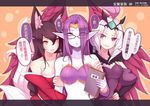  ahri animal_ears bare_shoulders beancurd black_hair book breasts chinese cleavage commentary emilia_leblanc eyes_visible_through_hair fox_ears glasses jewelry large_breasts league_of_legends long_hair medium_breasts morgana multiple_girls open_mouth orange_eyes pointy_ears purple_eyes purple_hair scar scar_across_eye smile strapless translated whisker_markings yellow_eyes 