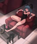  animal_ears aqua_eyes aqua_hair armchair armpits arms_up bare_arms bare_legs bare_shoulders barefoot black_bow black_footwear black_hairband black_legwear black_leotard black_neckwear bow bowtie breasts bunny_ears bunny_girl bunnysuit chair cleavage cloel collarbone cup detached_collar drink drinking_glass drinking_straw fake_animal_ears from_above glass_table groin hairband hatsune_miku high_heels leaning_back leotard liquid long_hair looking_at_viewer looking_up medium_breasts pantyhose pantyhose_removed shoes shoes_removed solo strapless strapless_leotard table twintails vocaloid wrist_cuffs 