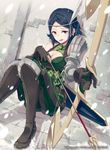  40hara arrow black_eyes black_hair boots bow_(weapon) breasts circlet cleavage company_name feathers fire_emblem fire_emblem:_kakusei fire_emblem_cipher gloves highres image_sample noire_(fire_emblem) official_art open_mouth quiver sitting snowing solo teeth twitter_sample weapon 