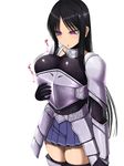  aebafuti armor black_gloves black_hair black_legwear blush breasts gloves highres large_breasts long_hair original pleated_skirt purple_eyes simple_background skirt solo thighhighs white_background 