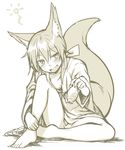  animal_ears bangs blush breasts commentary_request eyebrows_visible_through_hair fang fox_ears fox_girl fox_tail hair_between_eyes holding knee_up looking_at_viewer monochrome open_mouth original simple_background sitting sketch small_breasts smile solo tail tamakagura_inari yagi_(ningen) 